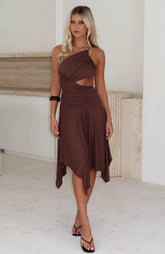 Tie Me Down One Shoulder Midi Dress Chocolate
