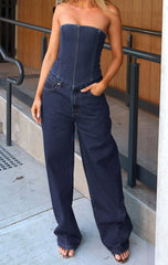 Kiara Mid Rise Barrel Leg Jeans Dark Blue