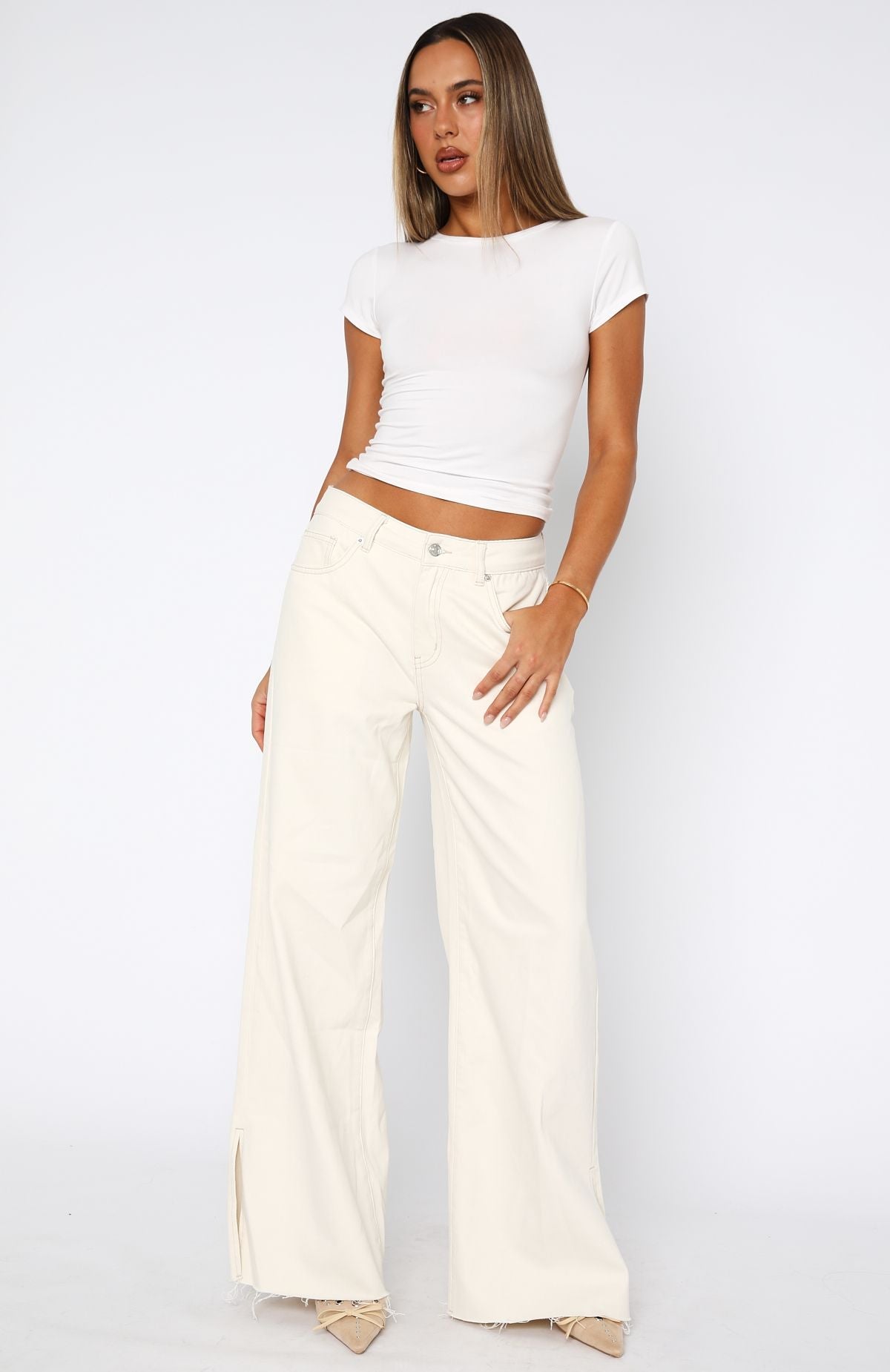 Summer Mid Rise Wide Leg Jeans Cream